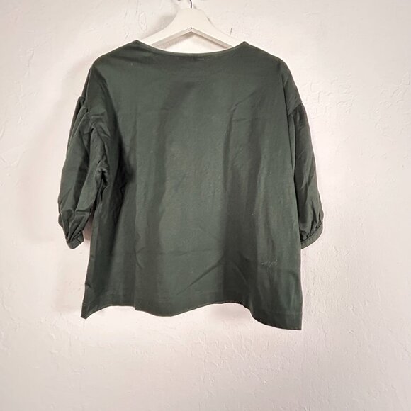 Uniqlo Womens Dark Green Mercerized Cotton Gather Half Sleeve Top Medium New - Picture 2 of 9